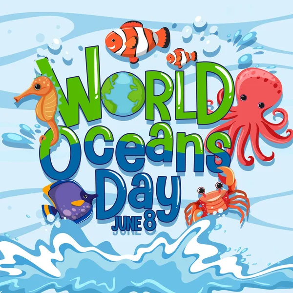 World Ocean Day Banner Many Different Sea Animals Illustration — Stock Vector