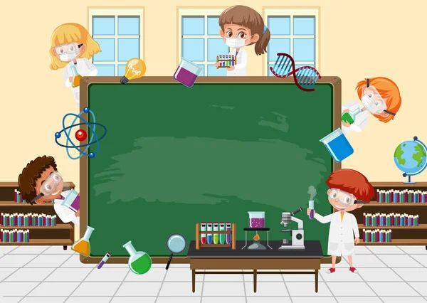 Leeg Schoolbord Met Wetenschappers Kinderen Cartoon Karakter Illustratie — Stockvector