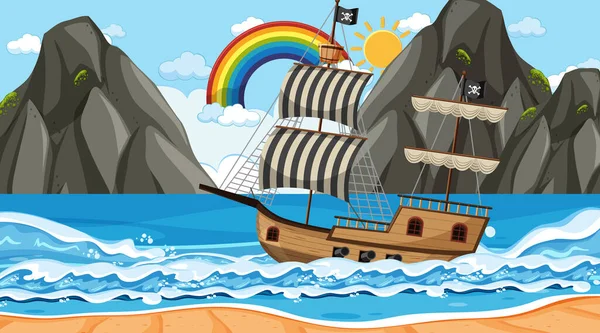 Ocean Pirate Ship Day Time Scene Cartoon Style Illustration - Stok Vektor