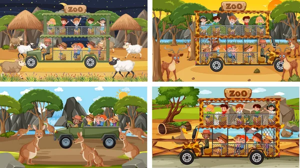 Set Diverse Scene Safari Con Animali Bambini Illustrazione Del Personaggio — Vettoriale Stock