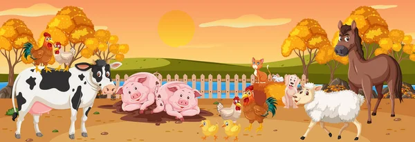 Panorama Paisagem Cena Com Vários Animais Fazenda Ilustração Fazenda — Vetor de Stock
