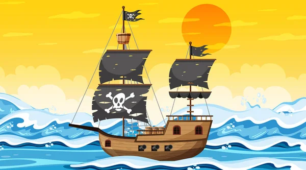 Ocean Pirate Ship Sunset Time Scene Cartoon Style Illustration — Stock Vector