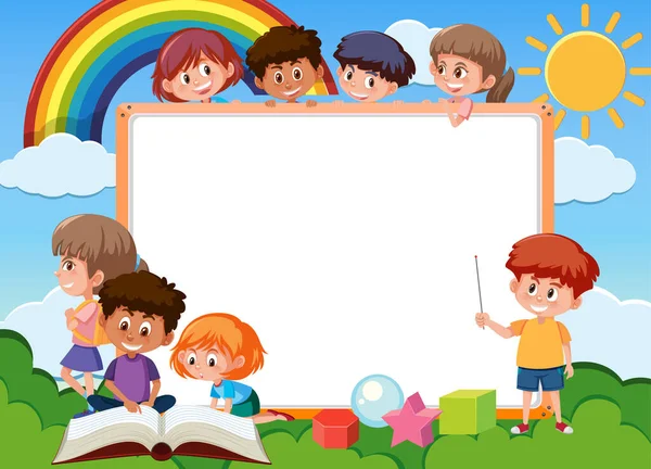 Panneau Vide Avec Nombreux Enfants Illustration Personnage Dessin Animé — Image vectorielle