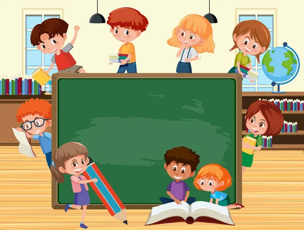 Blackboard Vazio Com Muitas Crianças Desenho Animado Personagem Ilustração —  Vetores de Stock