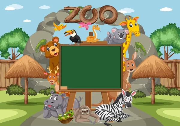 Pizarra Vacía Con Varios Animales Salvajes Ilustración Del Zoológico — Vector de stock