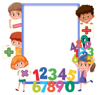 Okul çocukları ve matematik objeleri resimlemesi olan boş tahta