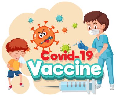 Doktor ve çocuk hasta çizgi film karakteri Covid-19 aşı yazı tipi çizimi