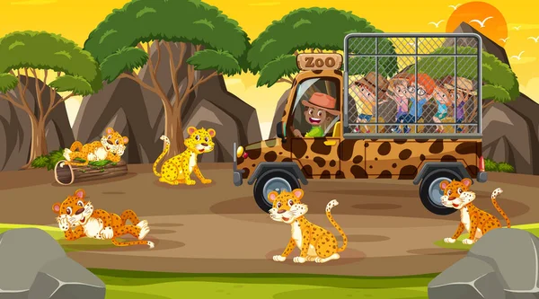 Safari Bij Zonsondergang Met Veel Kinderen Kijken Luipaard Groep Illustratie — Stockvector