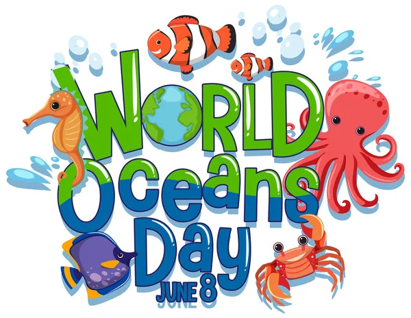 Bannière Journée Mondiale Océan Avec Personnage Dessin Animé Animaux Mer — Image vectorielle