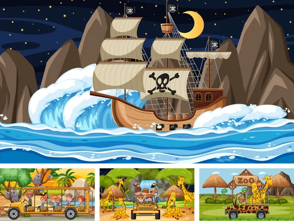 海の海賊船と動物園のイラストで異なるシーンのセット — ストックベクタ
