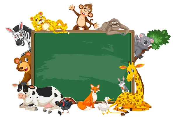 Leeg Schoolbord Met Diverse Wild Dieren Illustratie — Stockvector
