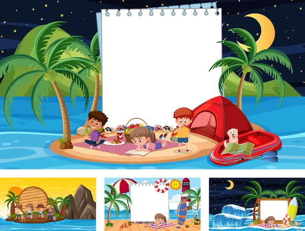 Conjunto Banner Blanco Diferentes Escenas Playa Tropical Ilustración — Archivo Imágenes Vectoriales