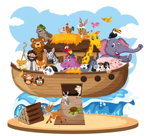 Noemova Archa Zvířaty Izolovanými Bílém Pozadí Ilustrace — Stockový vektor