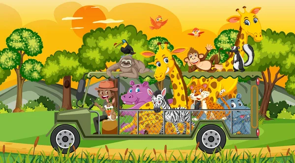 Scène Safari Avec Des Animaux Sauvages Dans Cage Illustration Voiture — Image vectorielle