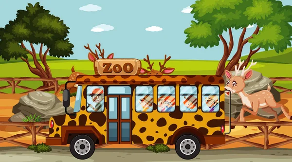 Zoo Escena Con Los Niños Autobús Gira Ilustración — Vector de stock