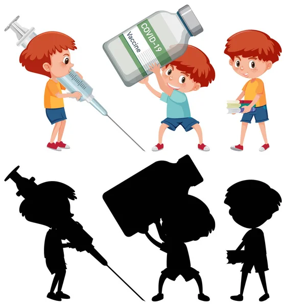 Set Boy Holding Different Objects Vaccine Concept Illustration — Stock Vector