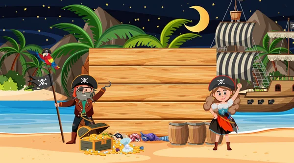 Crianças Piratas Cena Noturna Praia Com Uma Ilustração Modelo Banner — Vetor de Stock