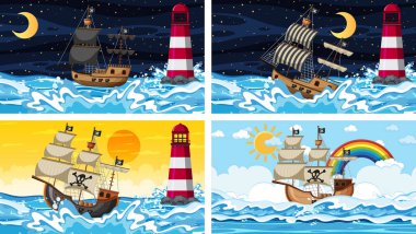 Karikatür stilinde farklı sahnelerde Korsan gemisiyle okyanus seti