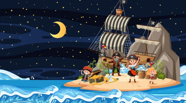 Treasure Island Σκηνή Νύχτα Pirate Παιδιά Εικονογράφηση — Διανυσματικό Αρχείο