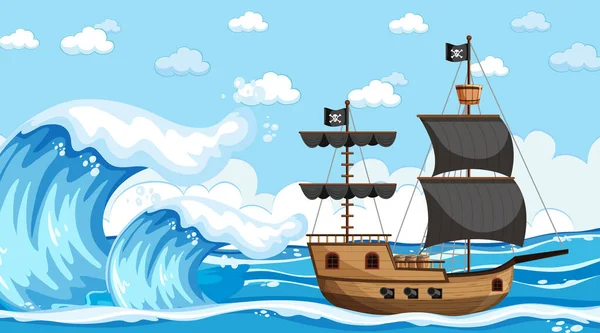 Ocean Pirate Ship Day Time Scene Cartoon Style Illustration — Stock Vector