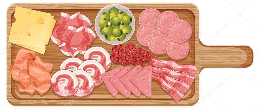 Platter of various cold meats and cheese isolated on white background illustration