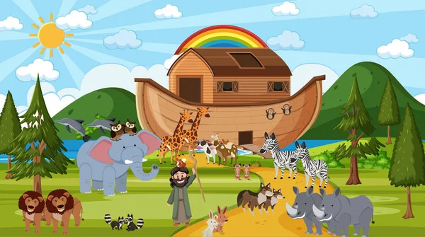 Noah Ark Met Wilde Dieren Natuur Scene Illustratie — Stockvector