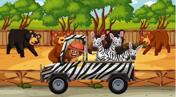 Escena Safari Con Muchos Osos Cebra Ilustración Del Camión — Vector de stock
