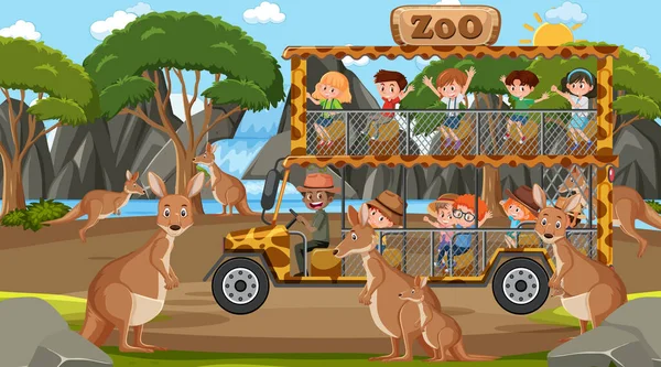 Safari Overdag Scene Met Kinderen Kijken Kangoeroe Groep Illustratie — Stockvector