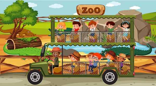 Safari Escena Diurna Con Niños Coche Turístico Ilustración — Archivo Imágenes Vectoriales