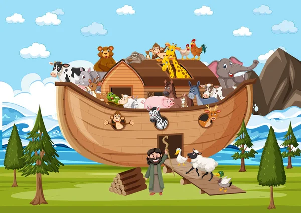 Animals Noah Ark Ocean Scene Illustration — Stock Vector