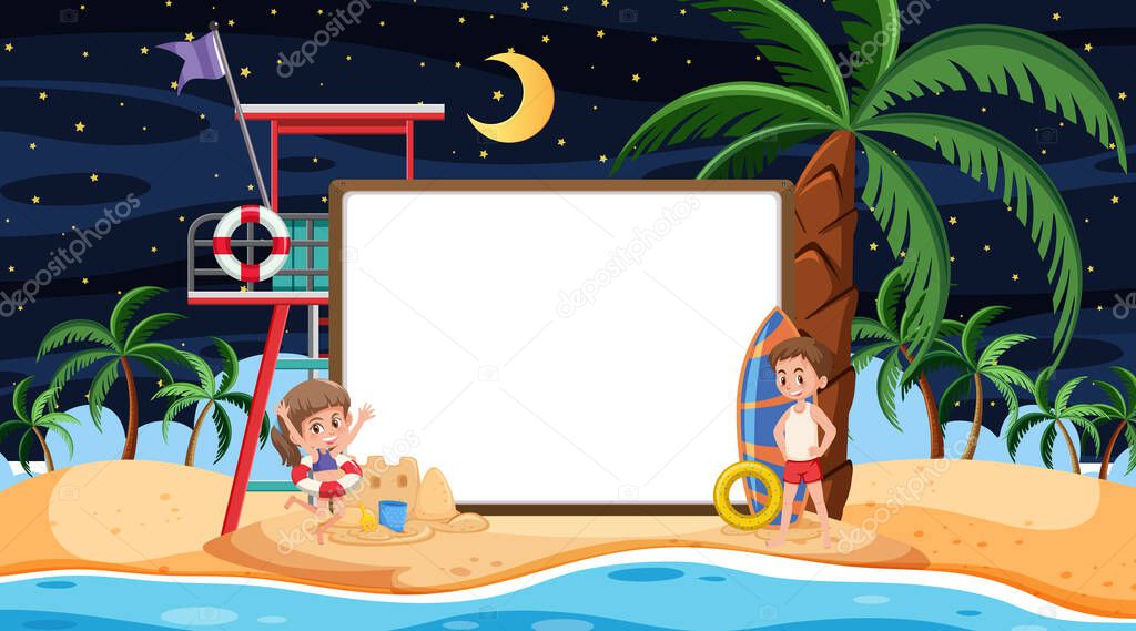Kids on vacation at the beach night scene with an empty banner templat