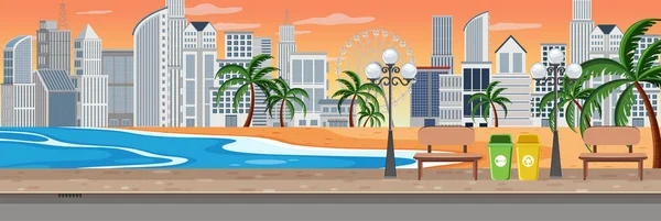 Praia Pôr Sol Cena Com Paisagem Urbana Horizontal Fundo Ilustração — Vetor de Stock