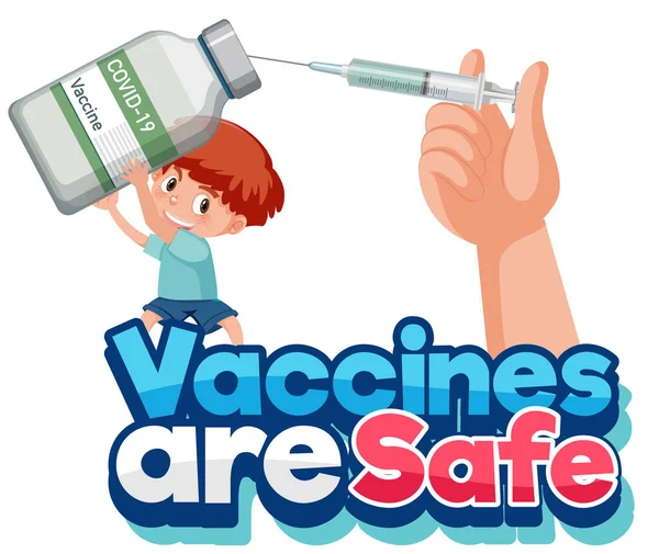 ワクチンは安全なフォントで 男の子漫画のキャラクターはワクチンボトルイラストを保持しています — ストックベクタ