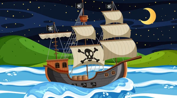 Ozean Mit Piratenschiff Bei Nächtlicher Szene Cartoon Stil — Stockvektor