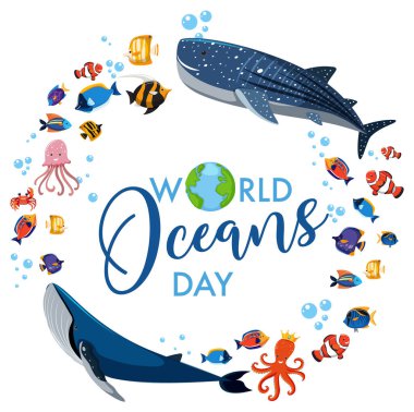 Beyaz arkaplanda birçok farklı deniz hayvanının yer aldığı Dünya Okyanus Günü afişi