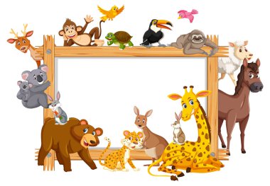 Çeşitli vahşi hayvan resimleriyle dolu boş ahşap çerçeve