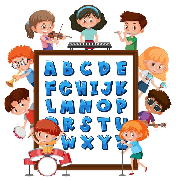 Tableau Alphabet Avec Nombreux Enfants Faisant Différentes Activités Illustration — Image vectorielle