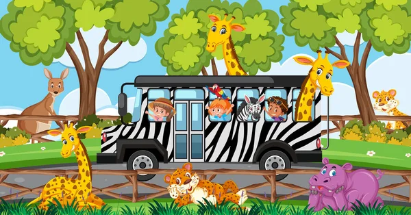 Escena Safari Con Niños Coche Turístico Viendo Animales Ilustración — Archivo Imágenes Vectoriales