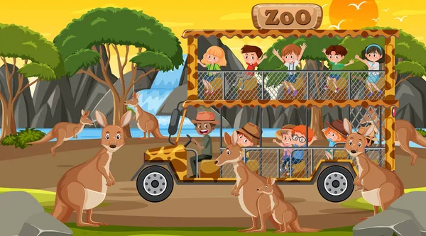 Safari Bij Zonsondergang Tijd Scène Met Kinderen Kijken Kangoeroe Groep — Stockvector