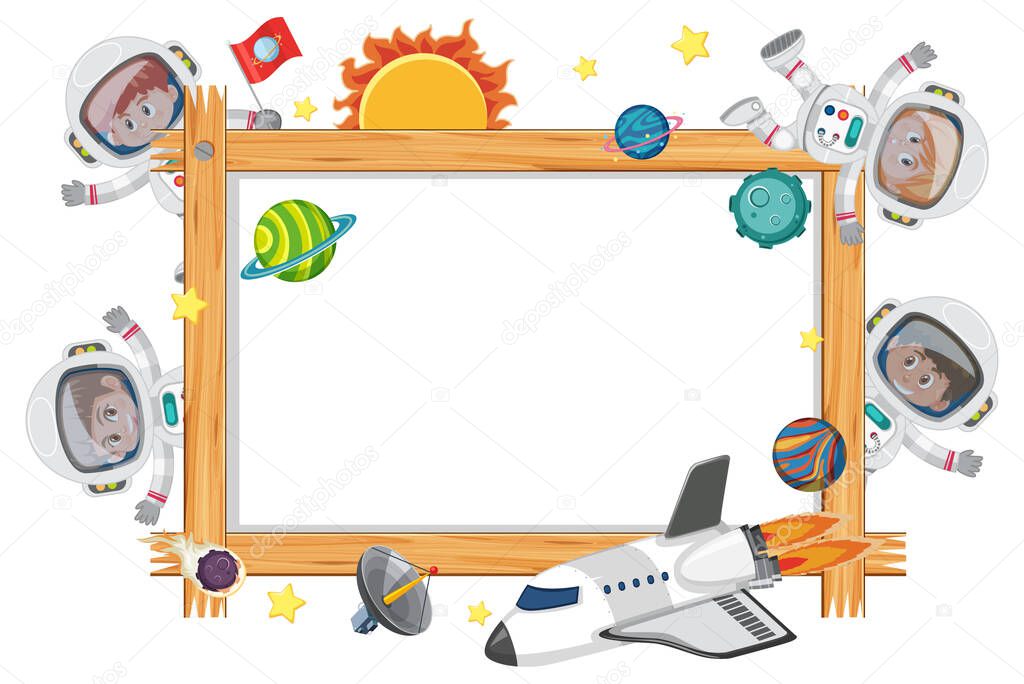 Empty wooden frame with astronaut kids cartoon character illustration
