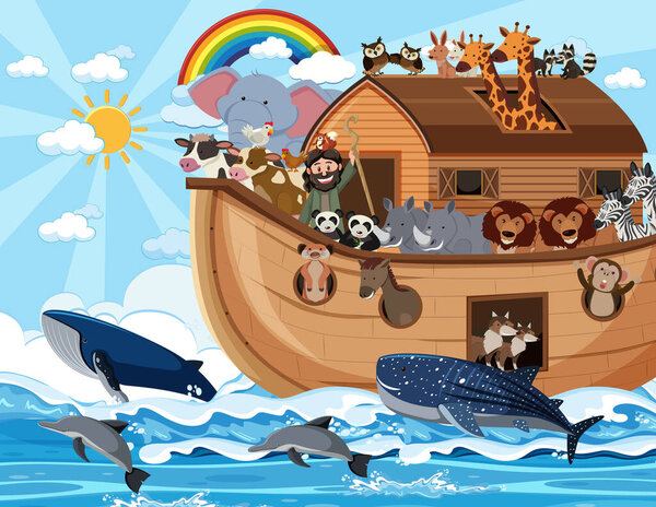 Noah's Ark with animals in the ocean scene illustration