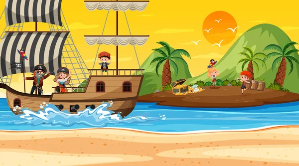 Сцена Острове Сокровищ Закате Иллюстрацией Детей Пиратов — стоковый вектор