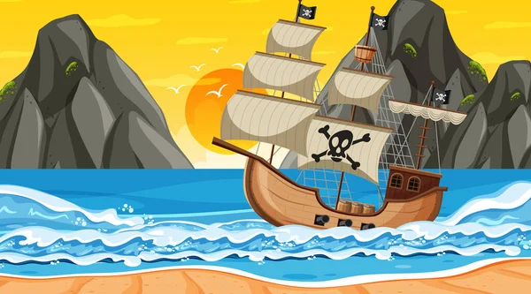 Oceano Con Nave Pirata Tramonto Scena Tempo Stile Cartone Animato — Vettoriale Stock