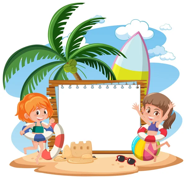Modello Banner Vuoto Con Molti Bambini Vacanza Estiva Spiaggia Illustrazione — Vettoriale Stock