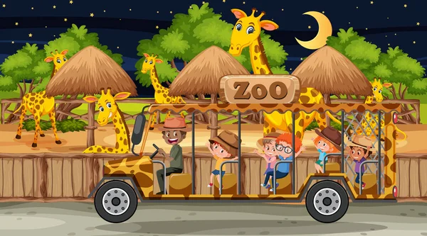 Safari Escena Nocturna Con Muchos Niños Viendo Ilustración Grupo Leopardo — Archivo Imágenes Vectoriales