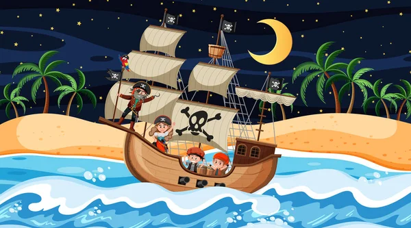 Beach Pirate Ship Night Scene Cartoon Style Illustration - Stok Vektor