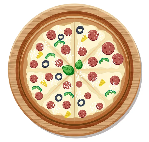 Ovanifrån Hel Läcker Pizza Träplatta Isolerad Vit Bakgrund Illustration — Stock vektor