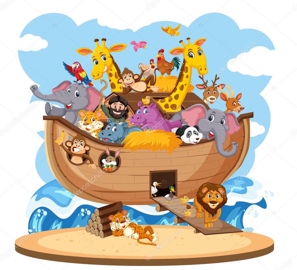 Noah's Ark with Animals isolated on white background illustration