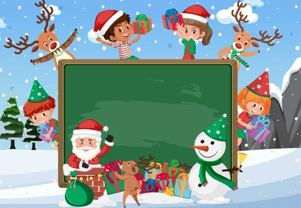 Quadro Negro Vazio Com Crianças Ilustração Tema Natal — Vetor de Stock