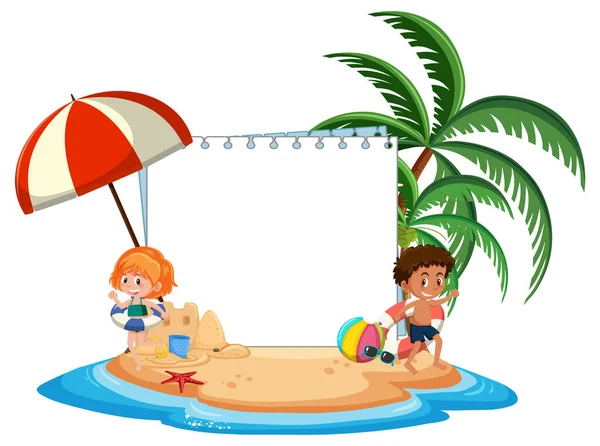 Modelo Banner Vazio Com Personagem Crianças Férias Verão Praia Ilustração — Vetor de Stock